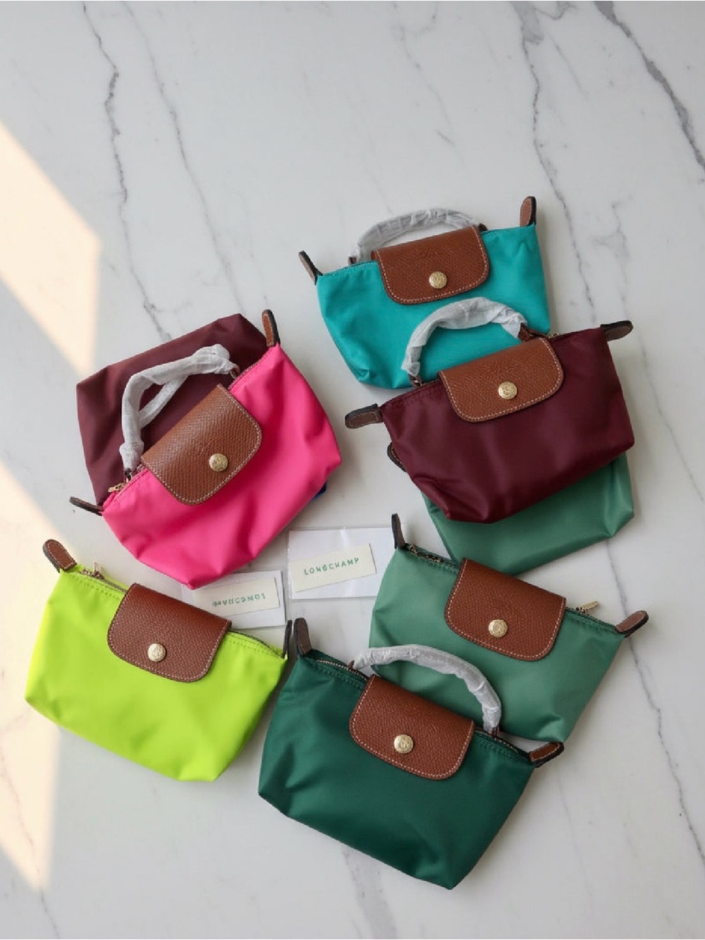 Longchamp Turquoise Nylon Tote with Brown Leather Trim
